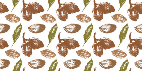 Almond seamless pattern with hand-drawn illustrations of almond nuts for web banner, oil packaging or marzipan paste label design. Vector floral sketches background, almond ornament. Natural product.