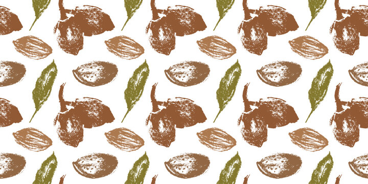 Almond seamless pattern with hand-drawn illustrations of almond nuts for web banner, oil packaging or marzipan paste label design. Vector floral sketches background, almond ornament. Natural product.