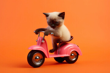 A tiny Siamese kitten riding a miniature orange bike with a small bell, set against a lively pink background. - obrazy, fototapety, plakaty