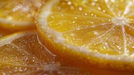 Food and Ingredients: A macro close-up photo of a sliced lemon