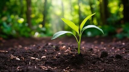 New Seedling Growing in Dark Soil With Space for Text Earth Day or Nature Background