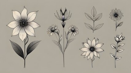 black and white flower flower elements vector illustration, contemporary little tattoo design, and simple botanical graphic sketch drawing   
