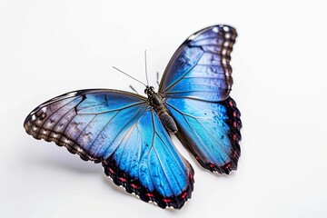 Blue Morpho Butterfly on flowers on white background, Awe-inspiring, Macro View, Depth of Filed,...