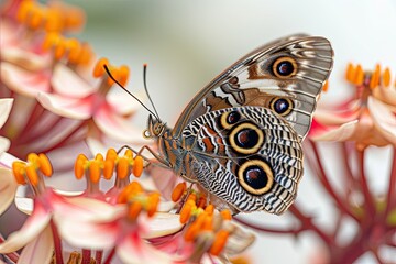 Caribbean Buckeye Butterfly on flowers on white background, Awe-inspiring, Macro View, 