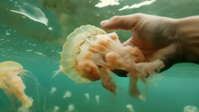A hand reaching out to touch a jellyfish floating in the water highlighting the importance of understanding and respecting marine life. The boat sails on with a mission to