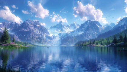 Snowy mountains surround a vast lake, generative ai
