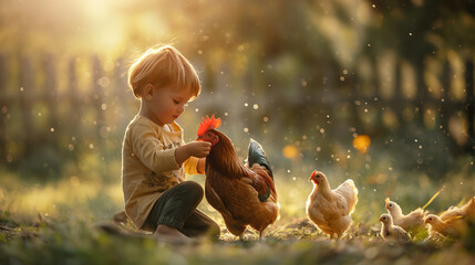 A child plays with a rooster in the yard of a country house.