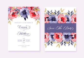 Wedding floral invite, invitation save the date card design with red and navy blue flowers and gold calligraphy. Vector template