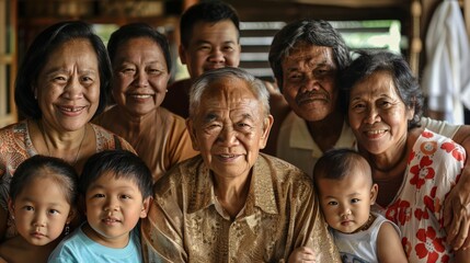 Fototapeta premium An intergenerational family portrait that celebrates the richness of heritage, with members from the elderly to infants, each face telling a story of tradition and change.