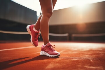 Close-up of female tennis players legs on a beautiful outdoor tennis court during a sporty match - obrazy, fototapety, plakaty