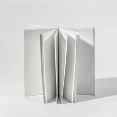 An open, blank white book stands upright on a white surface, fanned pages revealing the concept of open knowledge.