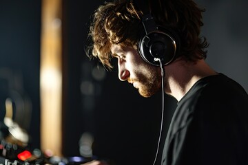 Side profile of a focused DJ mixing tracks on his console.