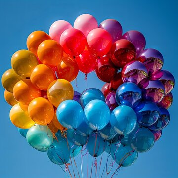 A bunch of colorful balloons are floating in the blue sky.