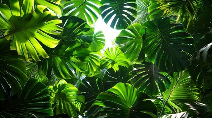 Tropical Leaves: A photo of a tropical rainforest with a canopy of large leafy trees