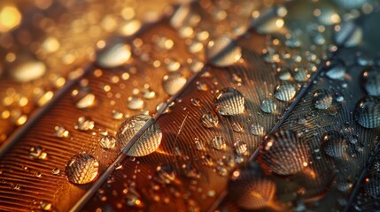 Water Droplets: A macro close-up photo of water droplets on a feather