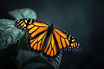 Monarch Butterfly on dark background, bliss, Awe-inspiring, Extreme Close-up View, 