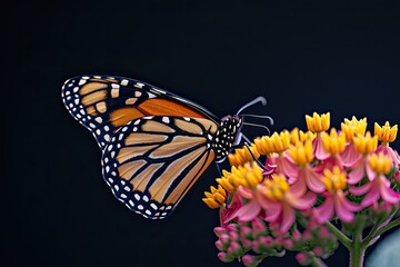 Monarch Butterfly on flowers on dark background, bliss, Awe-inspiring, Extreme Close-up View, 