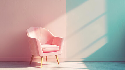 Pink armchair in front of pink pastel wall copy space for interior design