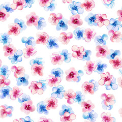 Delicate pink flowers of spring blooming tree seamless watercolor pattern. Hand drawn peach and cherry buds for fabric and wallpaper. Endless sakura background.