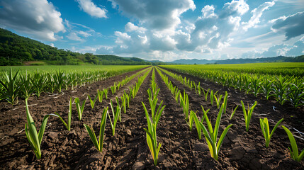 Fototapeta na wymiar Cultivated sugarcane field, earth day concept, plant in the ground, green world.