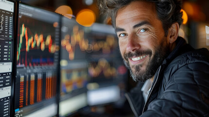 Finance trade manager analyzing stock market indicators for best investment strategy, financial data and charts, digital ai - obrazy, fototapety, plakaty