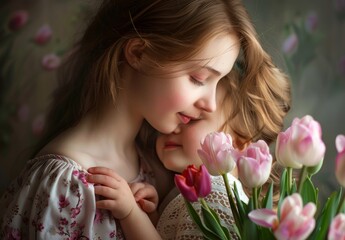 A young girl gently embraces another, surrounded by vibrant pink and white tulips, conveying a sense of care and protection