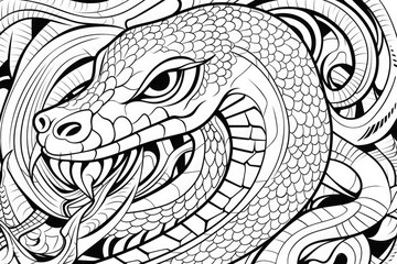 Hand drawn of snake zentangle style on a white background. Coloring book for kids and adults. Antistress coloring page, print, emblem,logo or tattoo,design, decor, T-shirt.