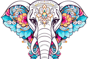 Multi-colored, painted drawing of elephant zentangle style on a white background. Coloring book for kids and adults.Antistress coloring page, print, emblem,logo or tattoo,design, decor, T-shirt.
