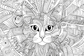 Obraz premium Hand drawn cat zentangle style. Coloring book for kids and adults.For adult and for children antistress coloring page, print, emblem,logo or tattoo,design, decor, T-shirt.