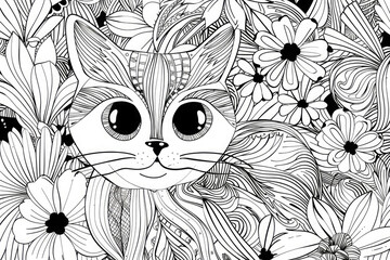 Hand drawn cat zentangle style. Coloring book for kids and adults.For adult and for children antistress coloring page, print, emblem,logo or tattoo,design, decor, T-shirt. - obrazy, fototapety, plakaty