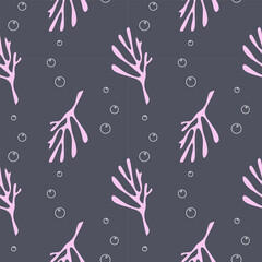 Marine ocean pattern with corals and air bubbles, pink sea elements on gray background, elegant and stylish.