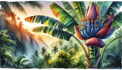 Watercolor Painting of a Banana Tree - obrazy, fototapety, plakaty