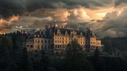 Regal Historic Mansion Against Dramatic Cloudscape at Dusk