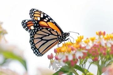 Fototapeta premium Monarch Butterfly on flowers on white background, bliss, Awe-inspiring, Extreme Close-up View, 