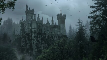 Eerie Medieval Castle on a Cliff with Mist and Crows in a Dark Enchanted Forest