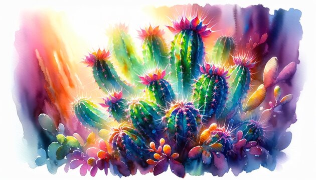 Watercolor Painting of Colorful Cactus