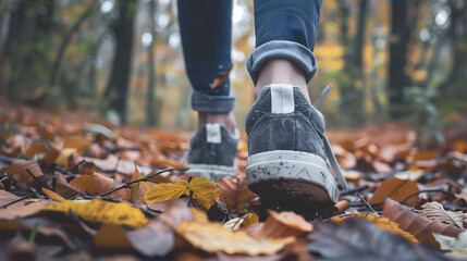 Close-up of woman's legs walking on fallen leaves in autumn forest - Powered by Adobe