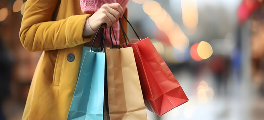 Close up of a woman's hand holding shopping bags. A woman doing online shopping or a customer discovering products for the holiday season