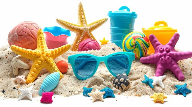 A collection of bright beach toys, starfishes, and a basketball on sand, conjuring images of playful and active summer beach days
