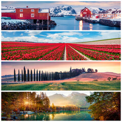 Set of beautiful panoramic views of the four seasons. Stunning landscapes of high mountains, sunrise in countryside, blooming red tulip valley and calm Alps lake arranged in a square.