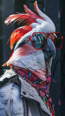 A close up of a parrot wearing sunglasses and a scarf.