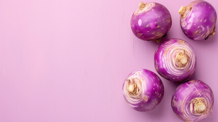 Purple turnips on a soft pink background with copy space.