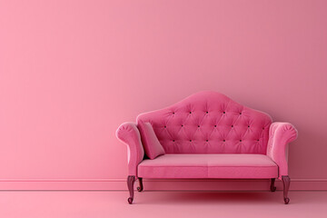 pink retro sofa in the room with pink walls and floor - obrazy, fototapety, plakaty