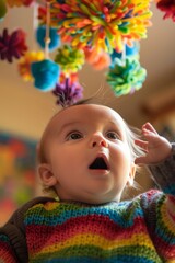 An infant's look of awe, eyes wide and mouth slightly open, as they gaze at a colorful mobile spinning above, enchanted by the movement and colors.