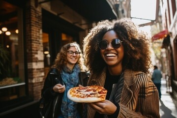 Obraz premium Happy young female friends having fun and eating delicious pizza in the vibrant city atmosphere