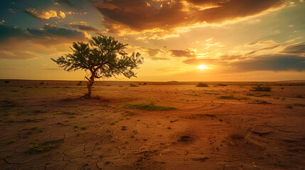 Landscape style, desertification process, lush to barren, rule of thirds composition, golden hour lighting, copy space on the right - obrazy, fototapety, plakaty