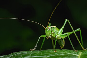 Fototapeta premium Mystic portrait of Ant-loving Katydid on leaves beside view, full body shot, Close-up View, 