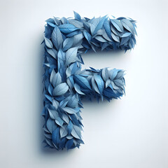 The letter F is made out of blue Leaves, Isolated on a white background, leaves font concept, Creative Alphabet, Letters, Natural Blue
