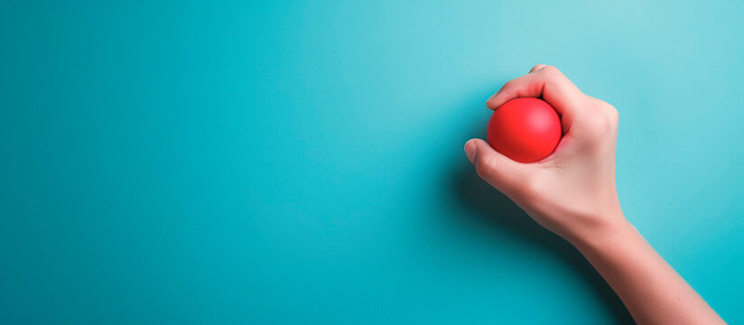 Photo of a hand squeezing a stress ball with copy space on the right