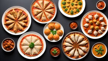 pizza--hummus--biryani--chicken-curry--momos--tikka--korma--samosas--Food-collection-set-isolated-on-white-background--Ramadan-iftar-food-collection-set